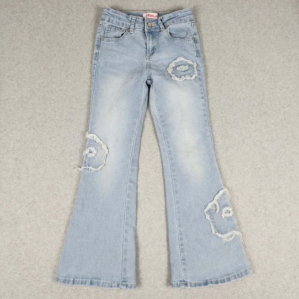 1st Kiss Jeans Girls W22 Blue Denim Flare Distressed Y2K Boho Streetwear Grunge